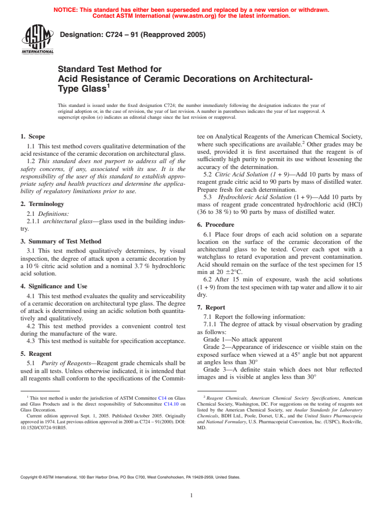 ASTM C724-91(2005) - Standard Test Method for Acid Resistance of Ceramic Decorations on Architectural-Type Glass