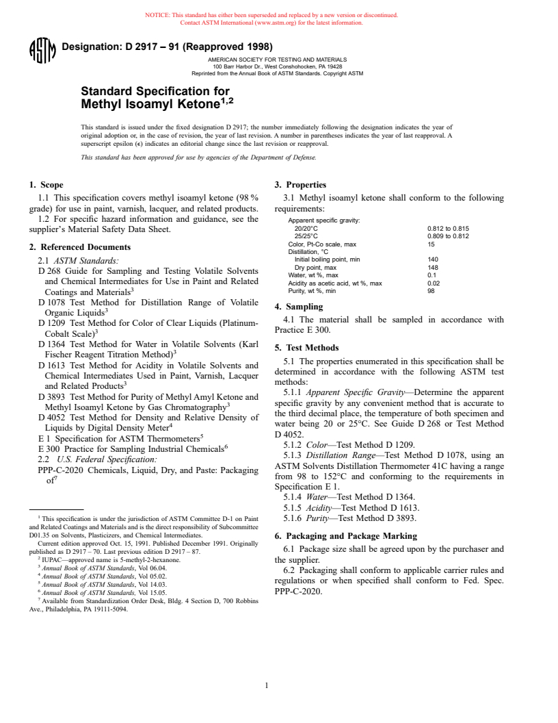 ASTM D2917-91(1998) - Standard Specification for Methyl Isoamyl Ketone