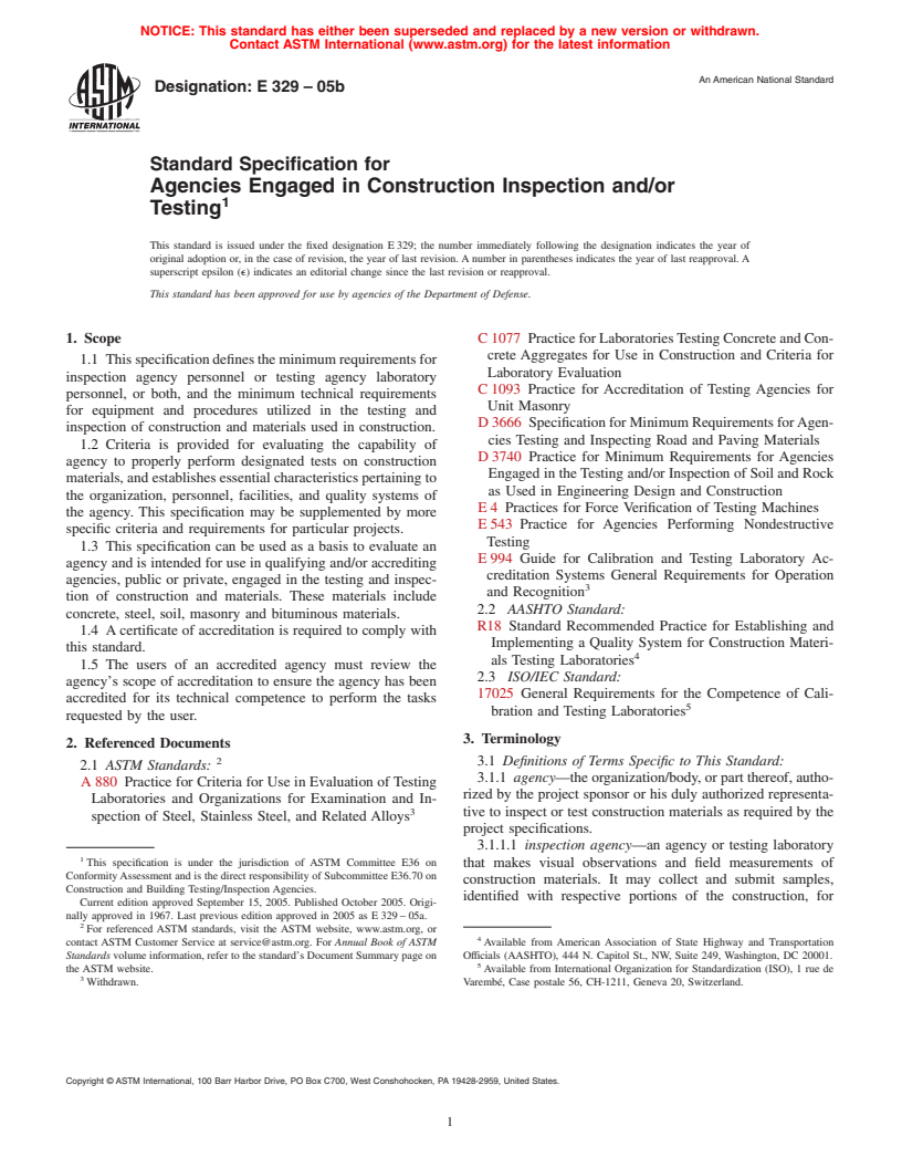 ASTM E329-05b - Standard Specification for Agencies Engaged in Construction Inspection and/or Testing