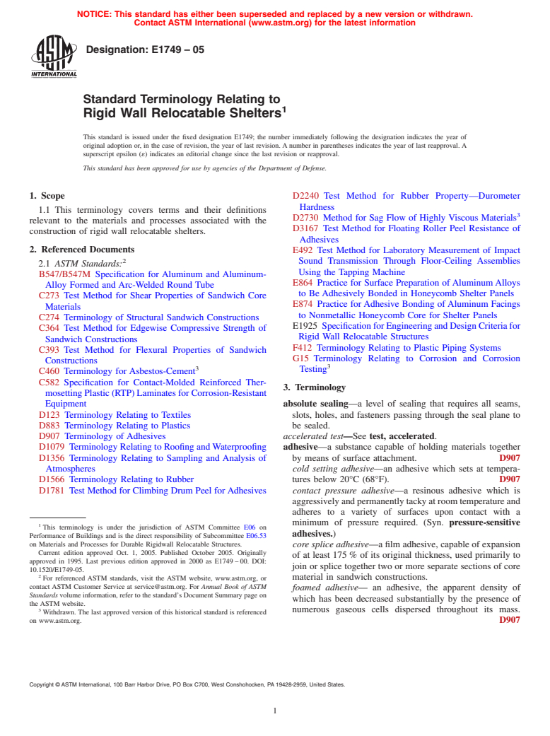 ASTM E1749-05 - Standard Terminology Relating to Rigid Wall Relocatable Shelters