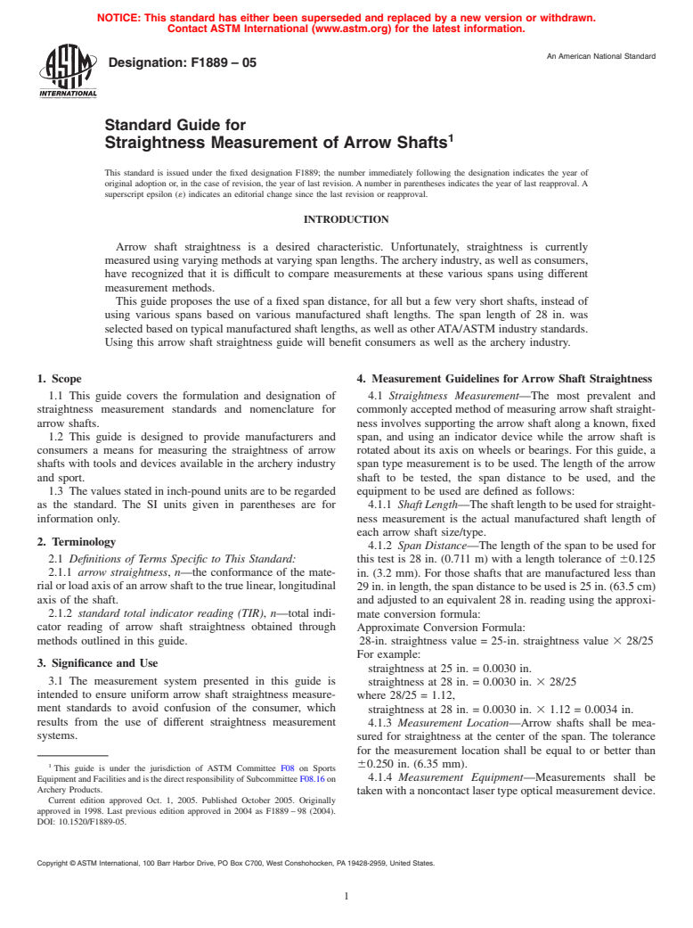 ASTM F1889-05 - Standard Guide for Straightness Measurement of Arrow Shafts