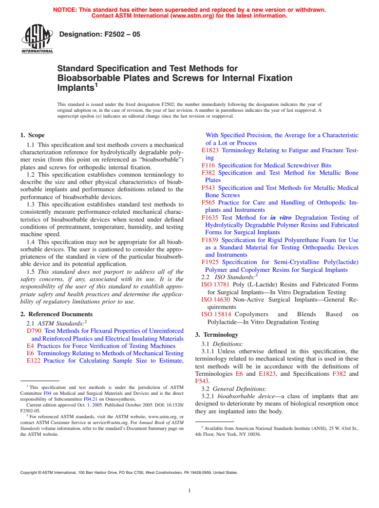 ASTM F2502-05 - Standard Specification and Test Methods for Bioabsorbable Plates and Screws for Internal Fixation Implants