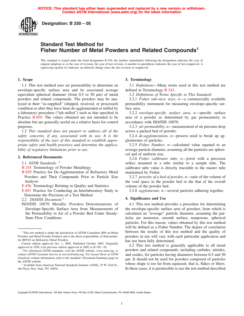 ASTM B330-05 - Standard Test Method for Fisher Number of Metal Powders and  Related Compounds