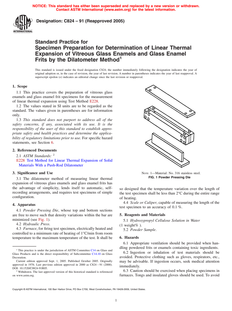 ASTM C824-91(2005) - Standard Practice for Specimen Preparation for Determination of Linear Thermal Expansion of Vitreous Glass Enamels and Glass Enamel Frits by the Dilatometer Method