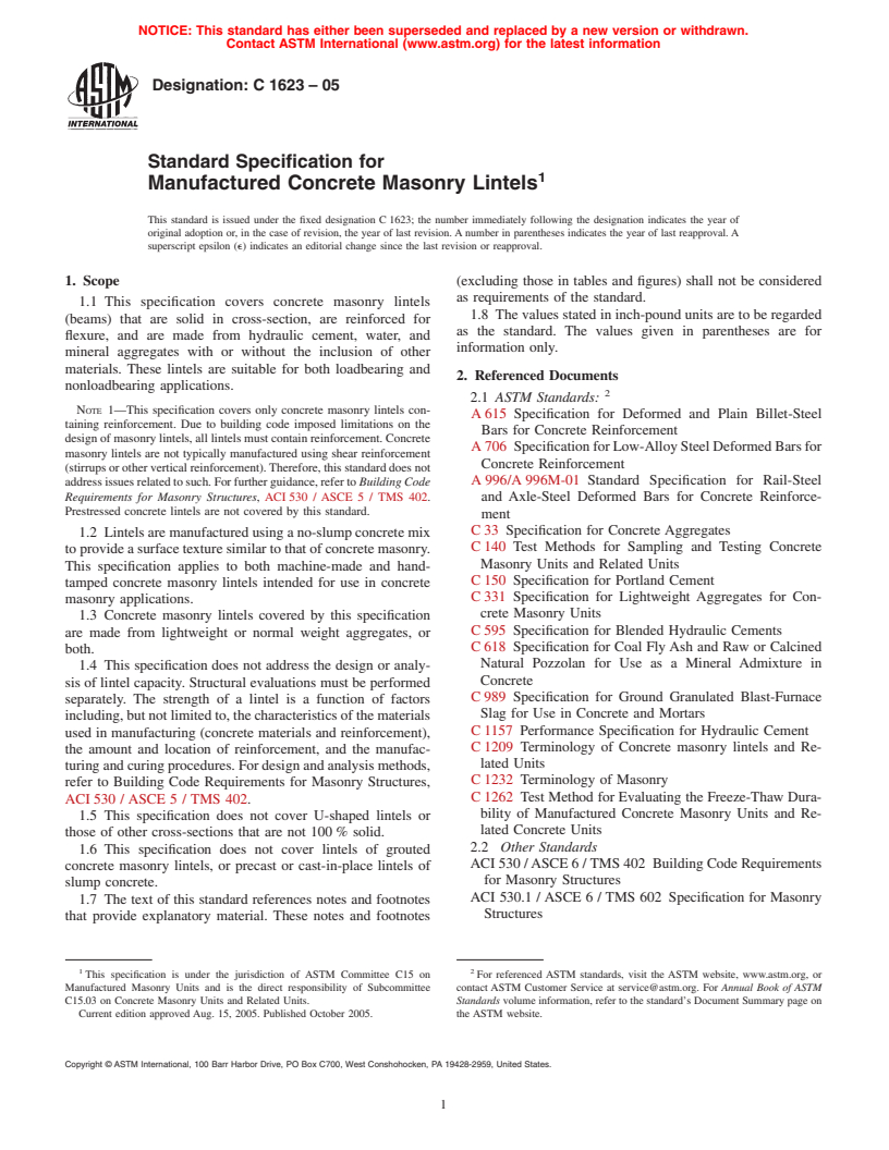 ASTM C1623-05 - Standard Specification for Manufactured Concrete Masonry Lintels