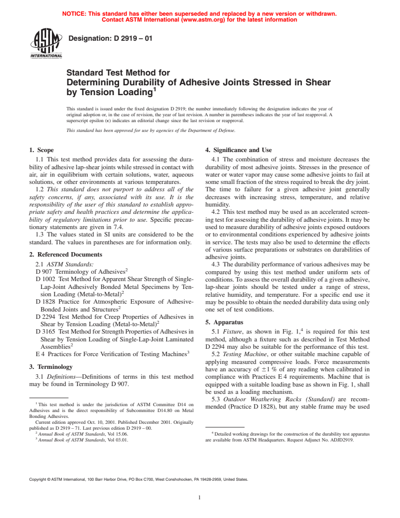 ASTM D2919-01 - Standard Test Method for Determining Durability of Adhesive Joints Stressed in Shear by Tension Loading