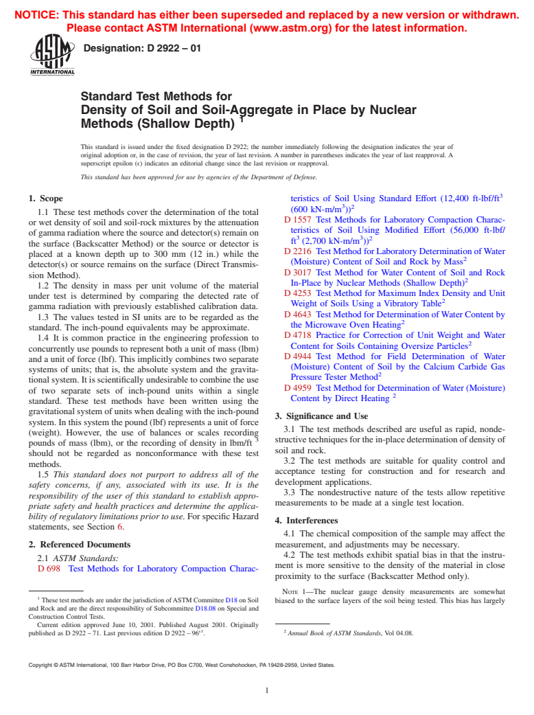 ASTM D2922-01 - Standard Test Methods for Density of Soil and Soil-Aggregate in Place by Nuclear Methods (Shallow Depth)