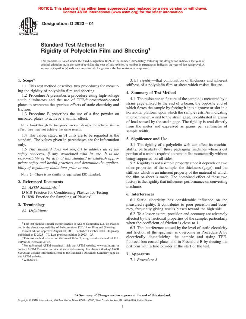 ASTM D2923-01 - Standard Test Method for Rigidity of Polyolefin Film and Sheeting