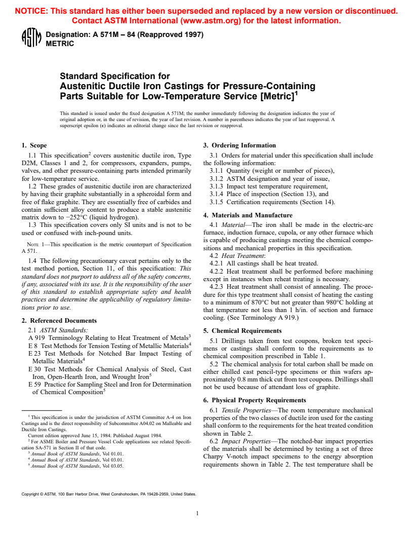 ASTM A571M-84(1997) - Standard Specification for Austenitic Ductile Iron Castings for Pressure-Containing Parts Suitable for Low-Temperature Service [Metric] (Withdrawn 2001)