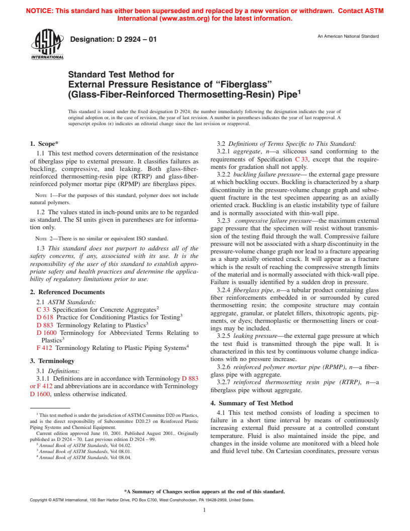 ASTM D2924-01 - Standard Test Method for External Pressure Resistance of "Fiberglass" (Glass-Fiber-Reinforced Thermosetting-Resin) Pipe