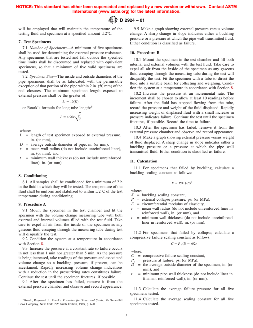 ASTM D2924-01 - Standard Test Method for External Pressure Resistance of "Fiberglass" (Glass-Fiber-Reinforced Thermosetting-Resin) Pipe