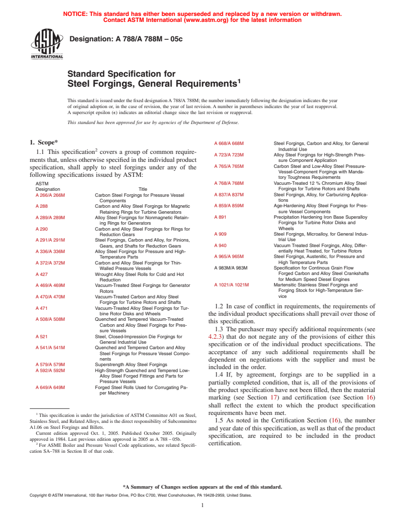 ASTM A788/A788M-05c - Standard Specification for Steel Forgings, General Requirements