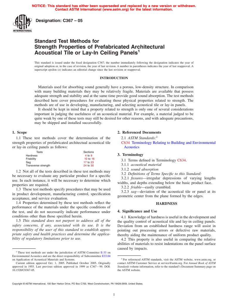 ASTM C367-05 - Standard Test Methods for Strength Properties of Prefabricated Architectural Acoustical Tile or Lay-In Ceiling Panels