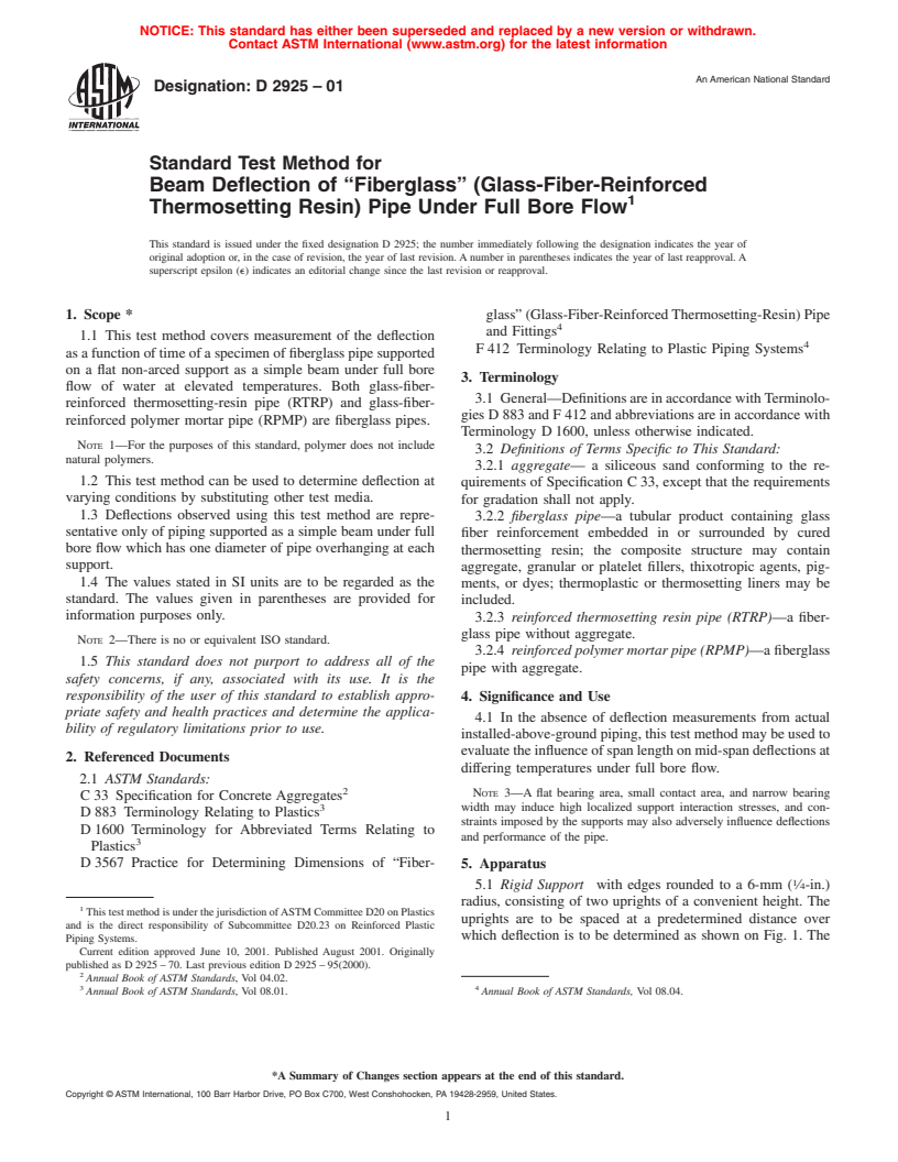 ASTM D2925-01 - Standard Test Method for Beam Deflection of "Fiberglass" (Glass-Fiber-Reinforced Thermosetting Resin) Pipe Under Full Bore Flow