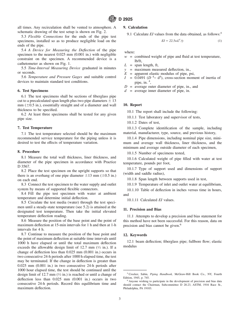 ASTM D2925-01 - Standard Test Method for Beam Deflection of "Fiberglass" (Glass-Fiber-Reinforced Thermosetting Resin) Pipe Under Full Bore Flow