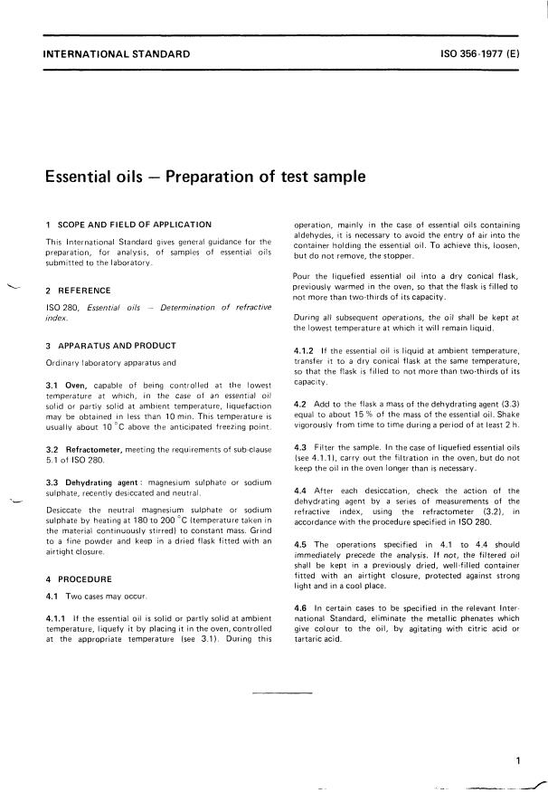 ISO 356:1977 - Essential oils -- Preparation of test sample