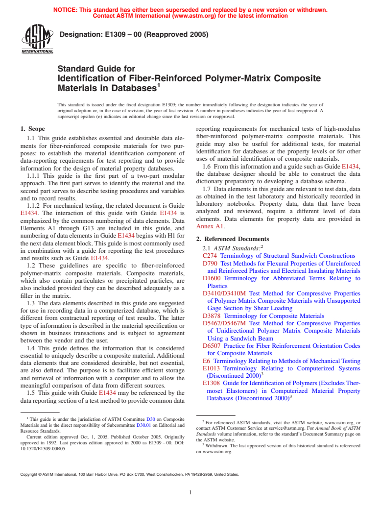 ASTM E1309-00(2005) - Standard Guide for Identification of Fiber-Reinforced Polymer-Matrix Composite Materials in Databases