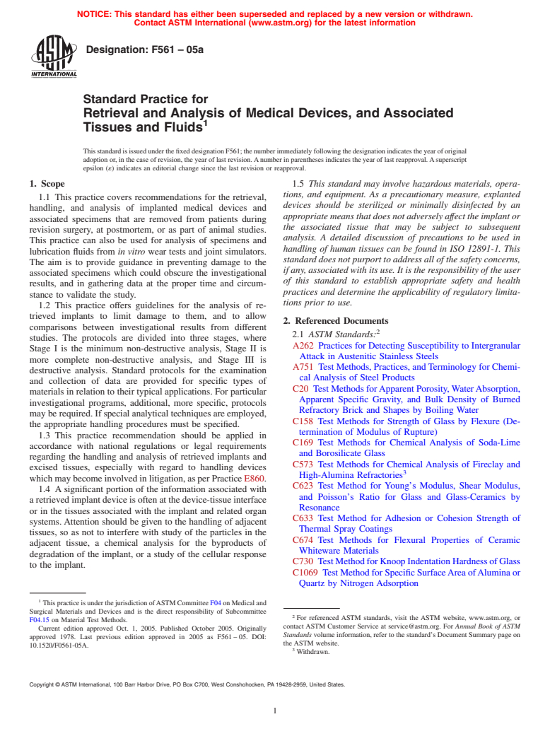 ASTM F561-05a - Standard Practice for Retrieval and Analysis of Medical Devices, and Associated Tissues and Fluids