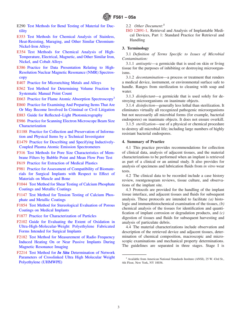 ASTM F561-05a - Standard Practice for Retrieval and Analysis of Medical Devices, and Associated Tissues and Fluids