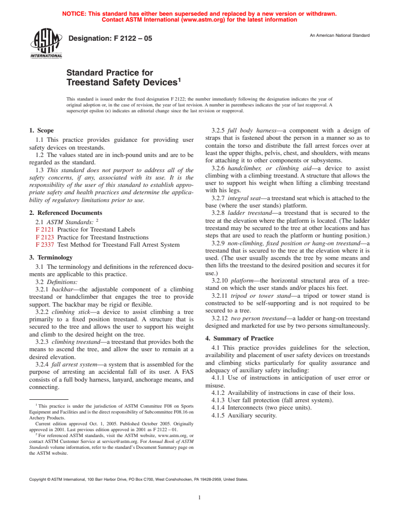 ASTM F2122-05 - Standard Practice for Treestand Safety Devices