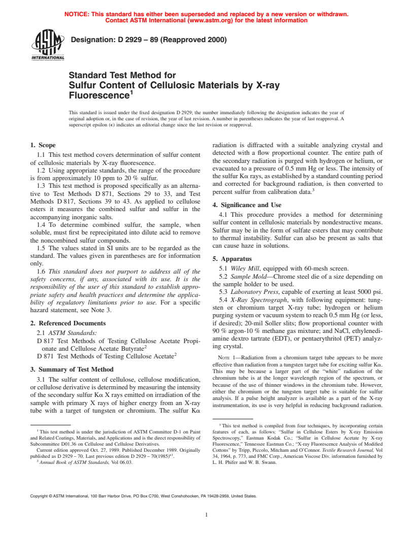 ASTM D2929-89(2000) - Standard Test Method for Sulfur Content of Cellulosic Materials by X-ray Fluorescence