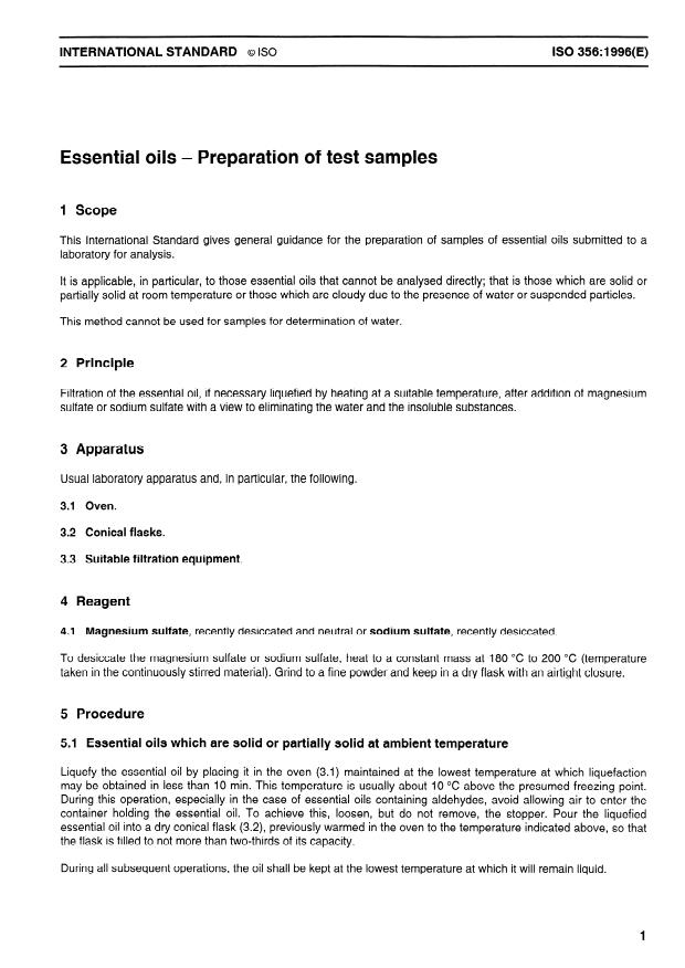 ISO 356:1996 - Essential oils -- Preparation of test samples