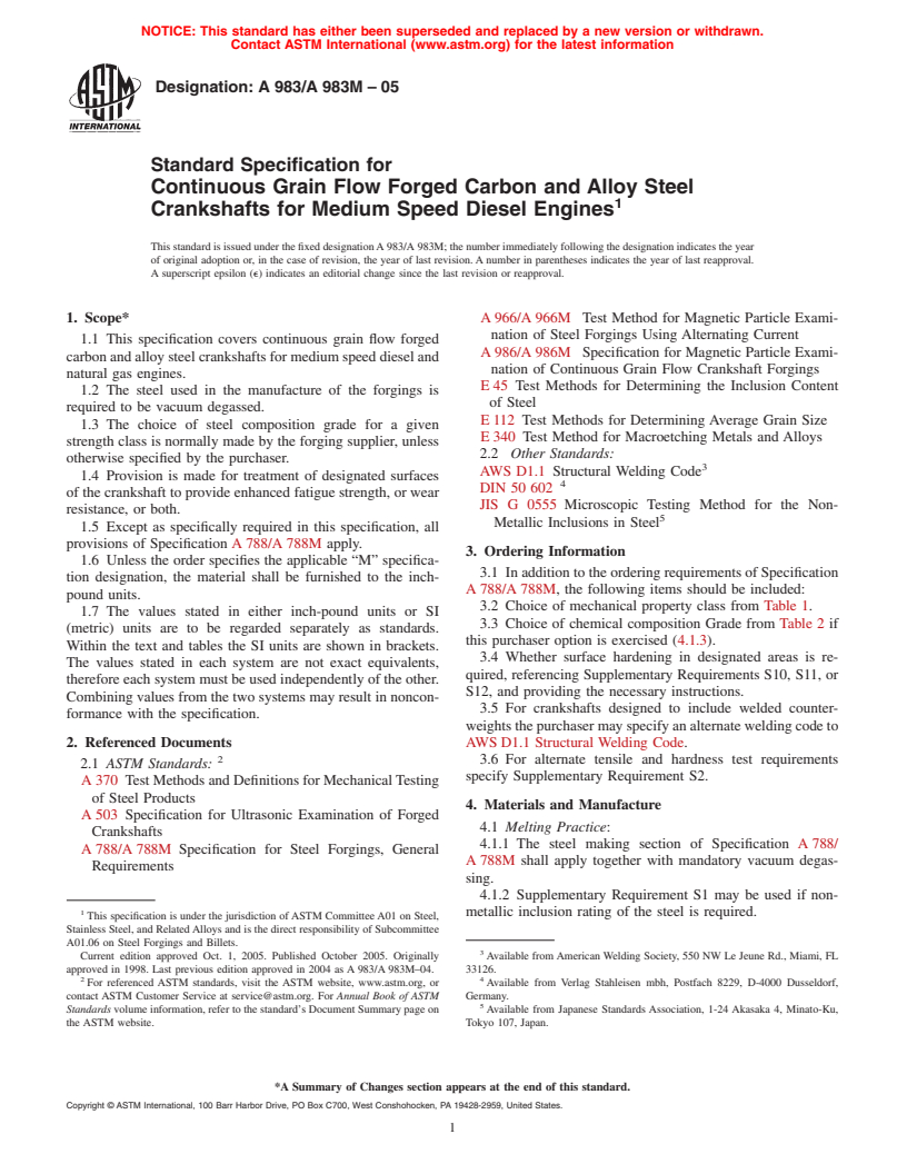 ASTM A983/A983M-05 - Standard Specification for Continuous Grain Flow Forged Carbon and Alloy Steel Crankshafts for Medium Speed Diesel Engines