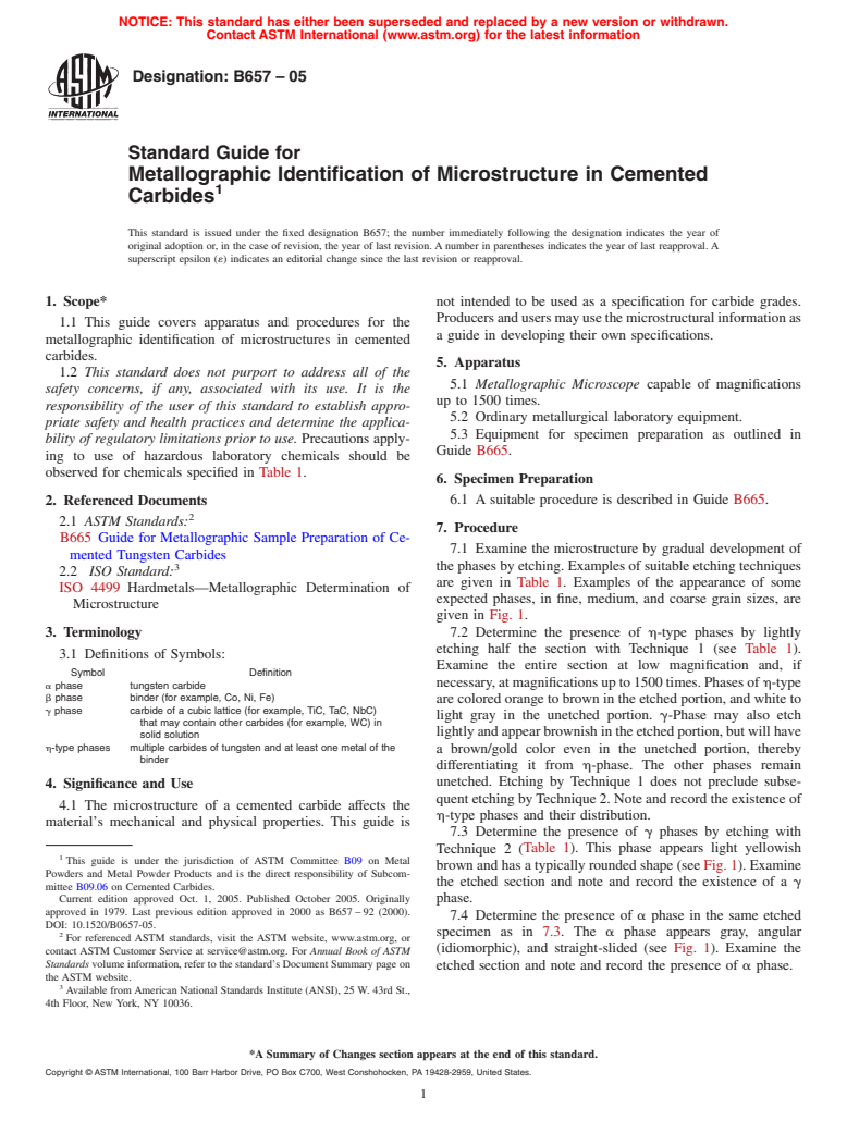 ASTM B657-05 - Guide for Metallographic Identification of Microstructure in Cemented Carbides