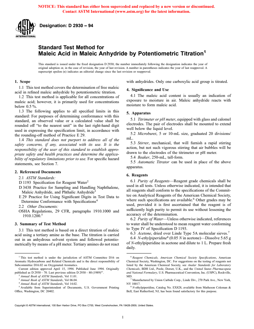 ASTM D2930-94 - Standard Test Method for Maleic Acid in Maleic Anhydride by Potentiometric Titration