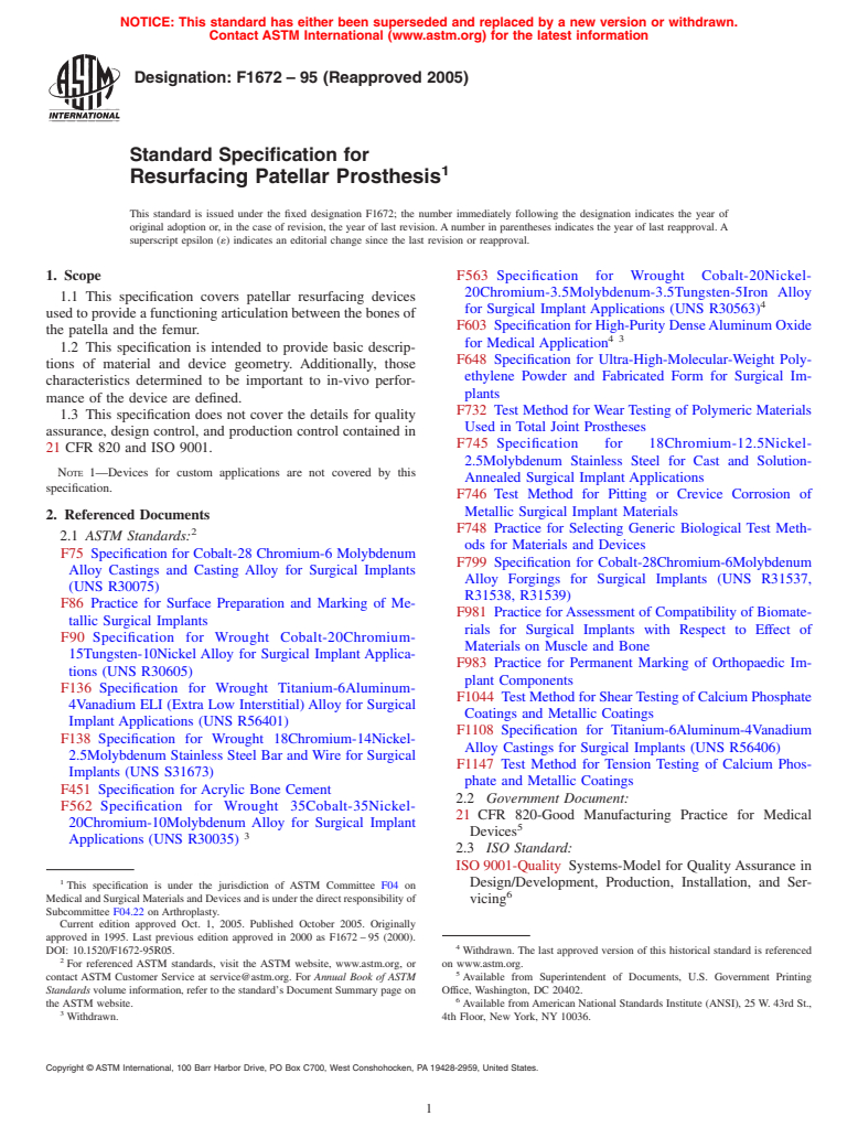 ASTM F1672-95(2005) - Standard Specification for Resurfacing Patellar Prosthesis