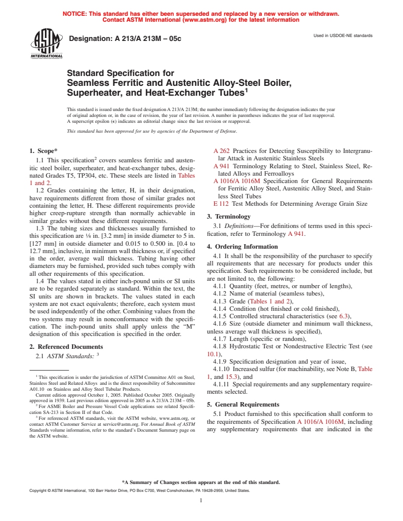 ASTM A213/A213M-05c - Standard Specification for Seamless Ferritic and Austenitic Alloy-Steel Boiler, Superheater, and Heat-Exchanger Tubes