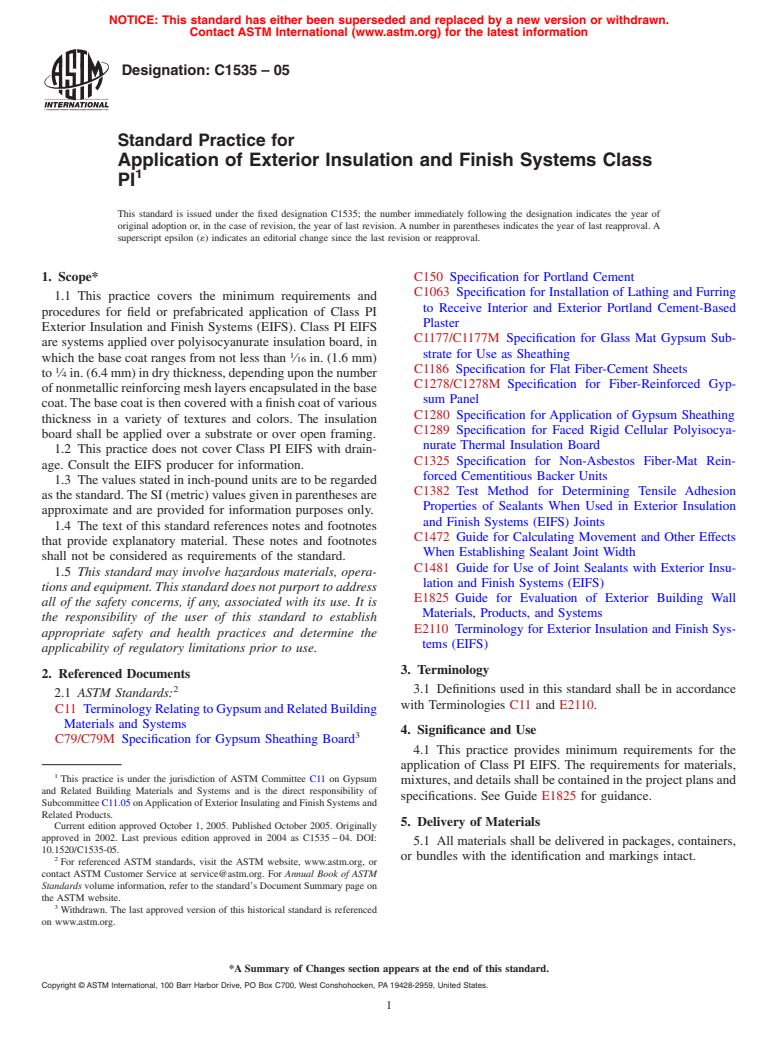 ASTM C1535-05 - Standard Practice for Application of Exterior Insulation and Finish Systems Class PI