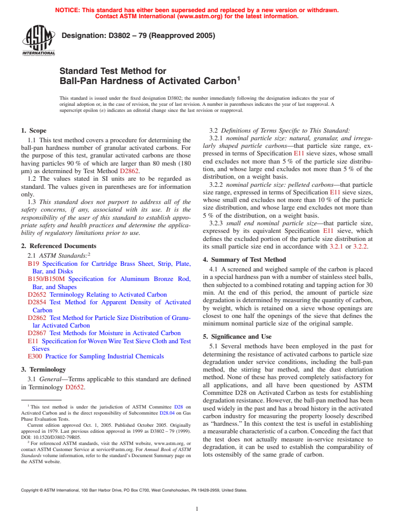 ASTM D3802-79(2005) - Standard Test Method for Ball-Pan Hardness of Activated Carbon