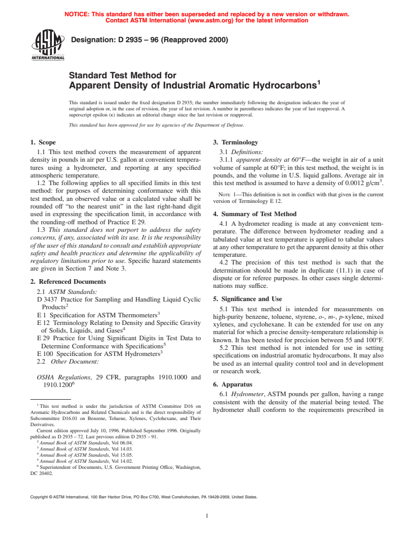 ASTM D2935-96(2000) - Standard Test Method for Apparent Density of Industrial Aromatic Hydrocarbons (Withdrawn 2005)