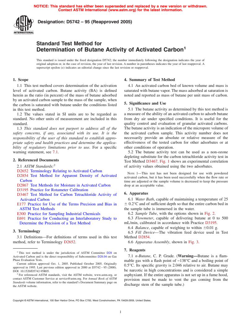 ASTM D5742-95(2005) - Standard Test Method for Determination of Butane Activity of Activated Carbon