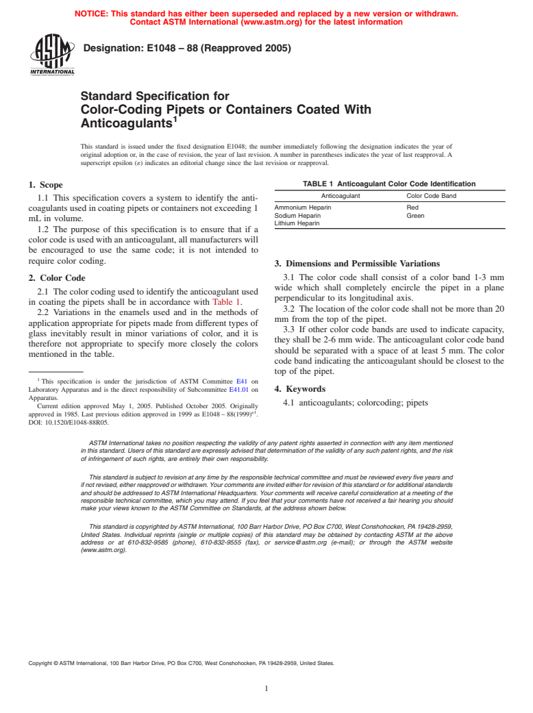 ASTM E1048-88(2005) - Standard Specification for Color-Coding Pipets or Containers Coated With Anticoagulants