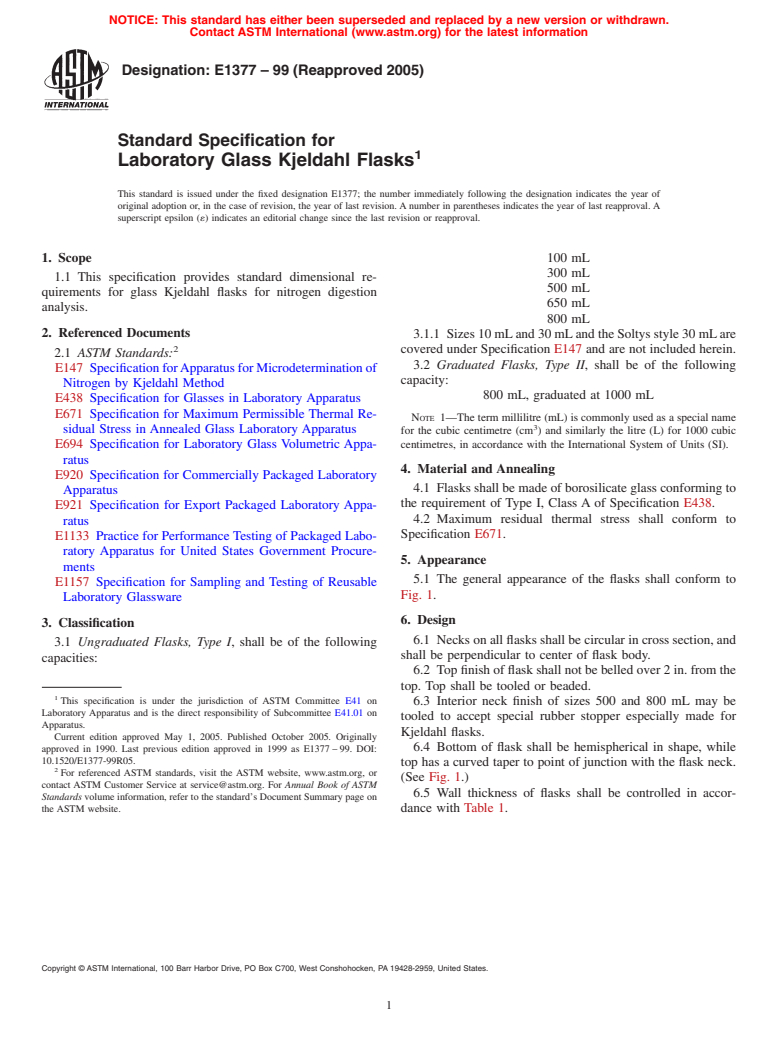 ASTM E1377-99(2005) - Standard Specification for Laboratory Glass Kjeldahl Flasks