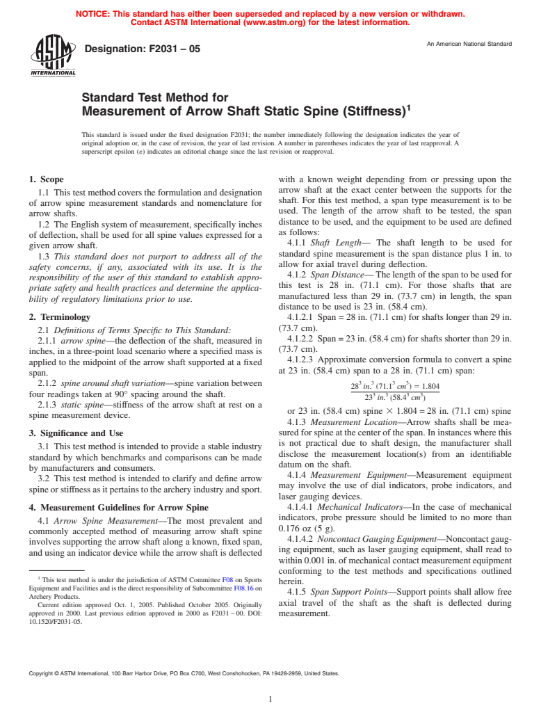 ASTM F2031-05 - Standard Test Method for Measurement of Arrow Shaft Static Spine (Stiffness)