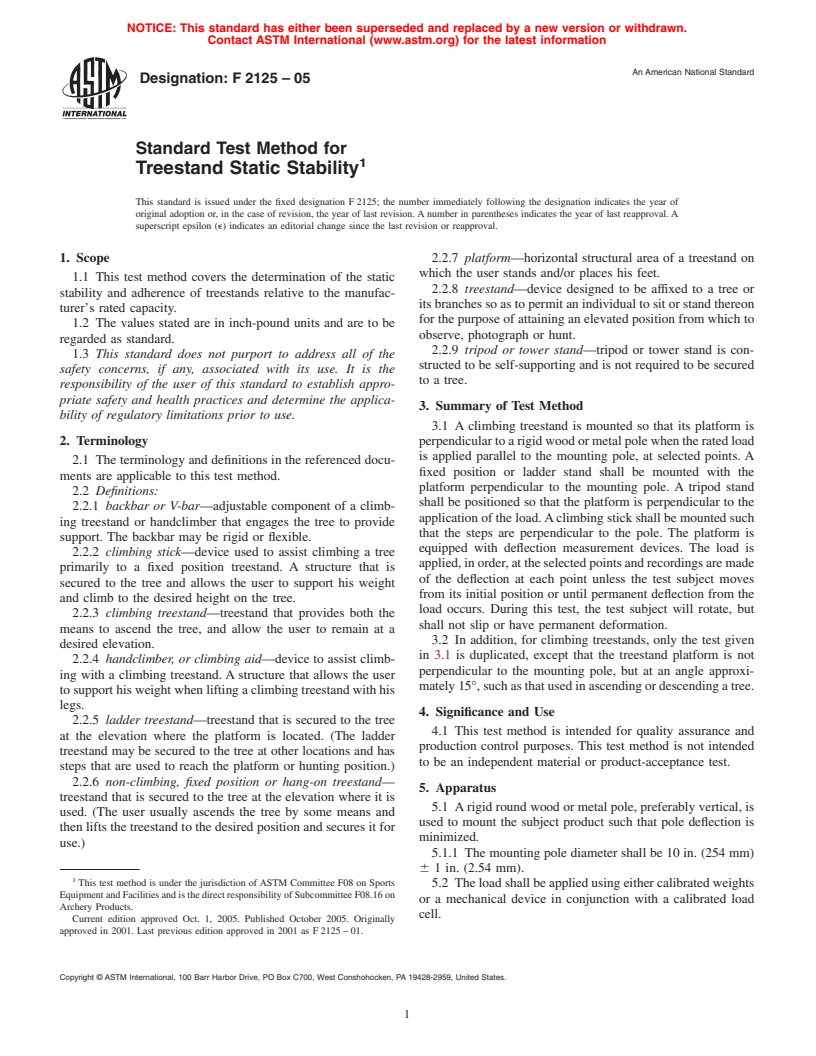 ASTM F2125-05 - Standard Test Method for Treestand Static Stability