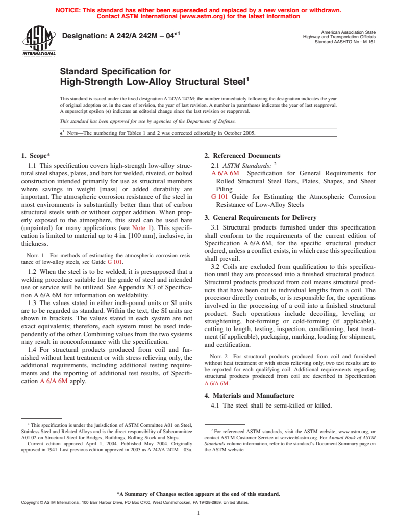 ASTM A242/A242M-04e1 - Standard Specification for High-Strength Low-Alloy Structural Steel