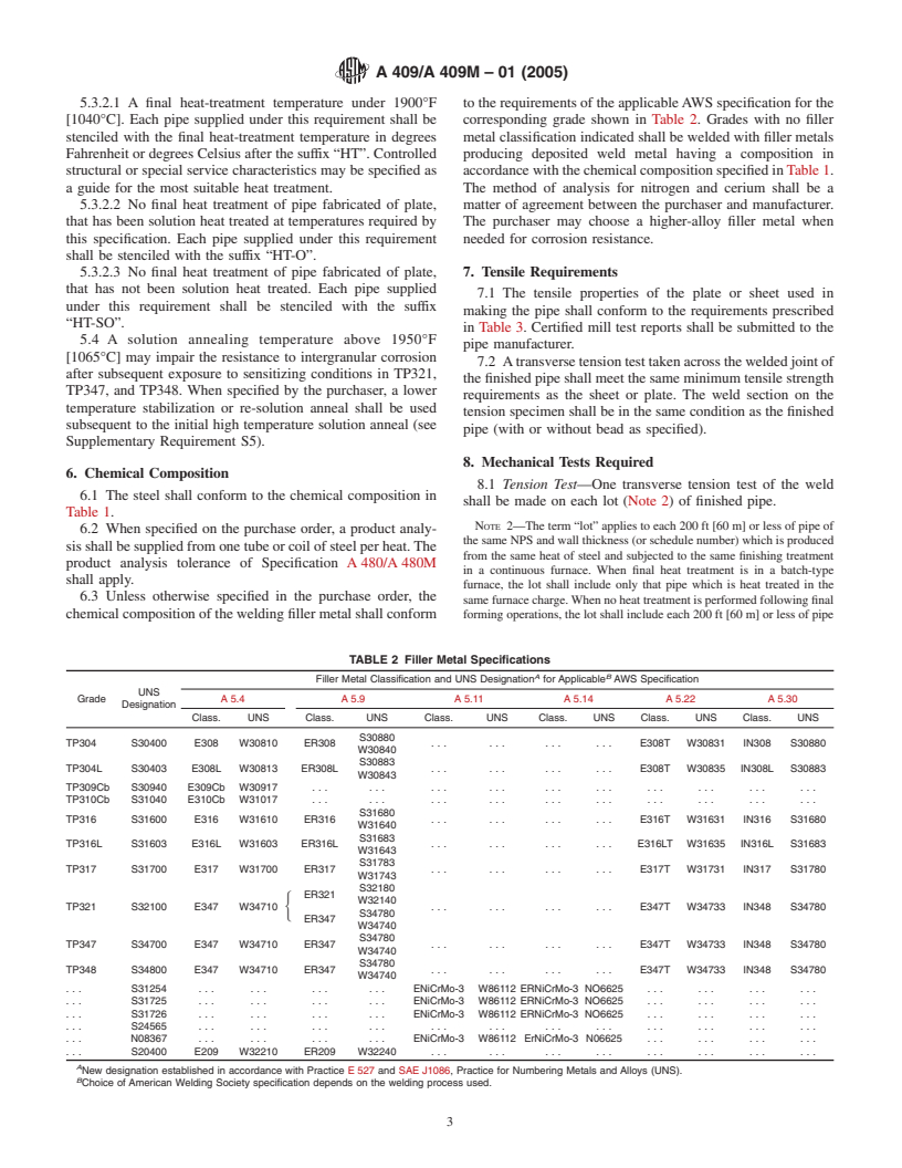 ASTM A409/A409M-01(2005) - Standard Specification for Welded Large Diameter Austenitic Steel Pipe for Corrosive or High-Temperature Service