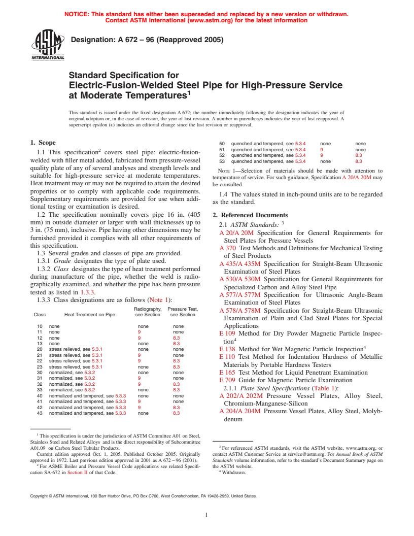 ASTM A672-96(2005) - Standard Specification for Electric-Fusion-Welded Steel Pipe for High-Pressure Service at Moderate Temperatures