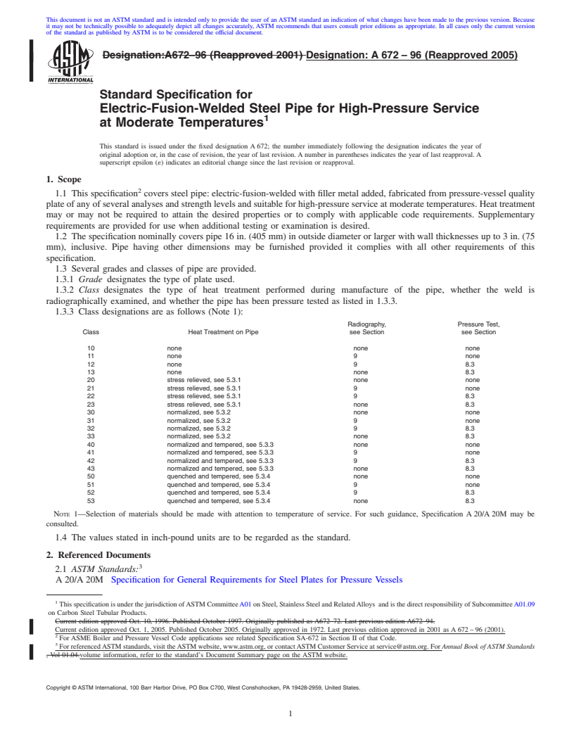 REDLINE ASTM A672-96(2005) - Standard Specification for Electric-Fusion-Welded Steel Pipe for High-Pressure Service at Moderate Temperatures
