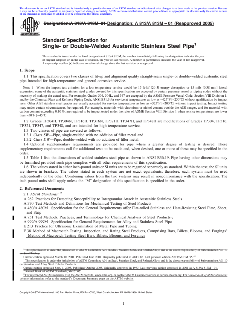 REDLINE ASTM A813/A813M-01(2005) - Standard Specification for Single- or Double-Welded Austenitic Stainless Steel Pipe