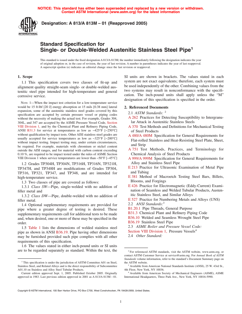 ASTM A813/A813M-01(2005) - Standard Specification for Single- or Double-Welded Austenitic Stainless Steel Pipe