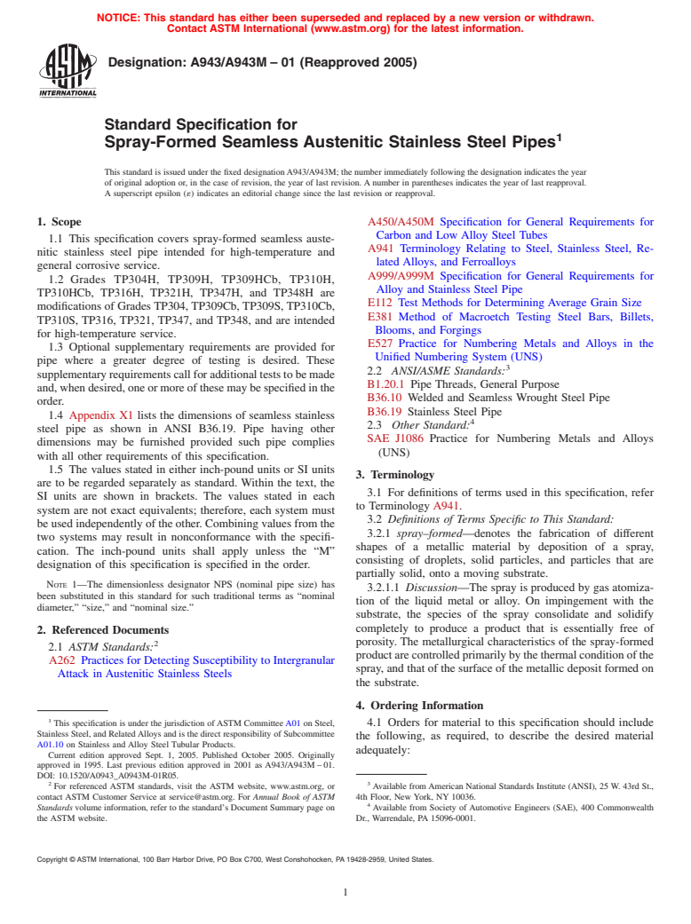 ASTM A943/A943M-01(2005) - Standard Specification for Spray-Formed Seamless Austenitic Stainless Steel Pipes