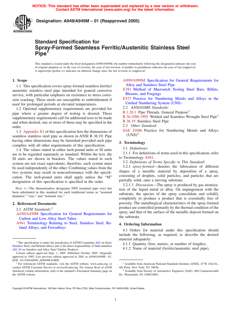 ASTM A949/A949M-01(2005) - Standard Specification for Spray-Formed Seamless Ferritic/Austenitic Stainless Steel Pipe