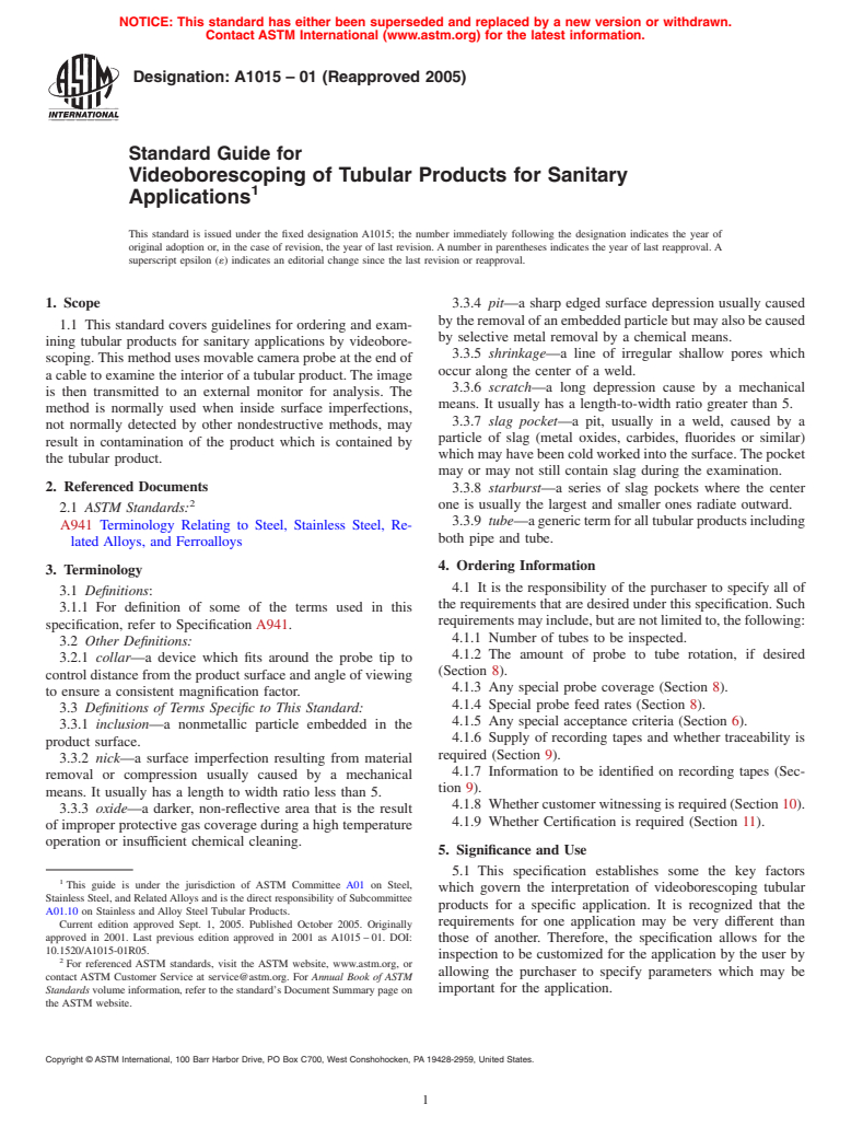 ASTM A1015-01(2005) - Standard Guide for Videoborescoping of Tubular Products for Sanitary Applications