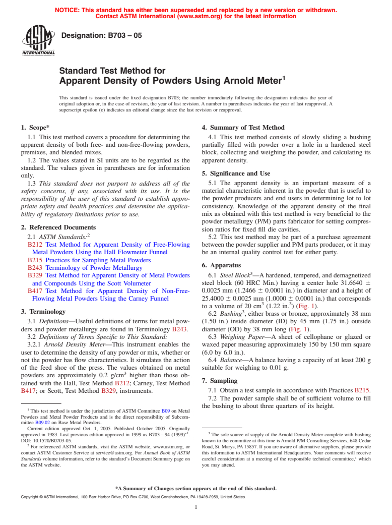 ASTM B703-05 - Standard Test Method for Apparent Density of Powders Using Arnold Meter