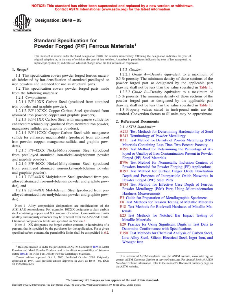 ASTM B848-05 - Specification for Powder Forged (P/F) Ferrous Materials